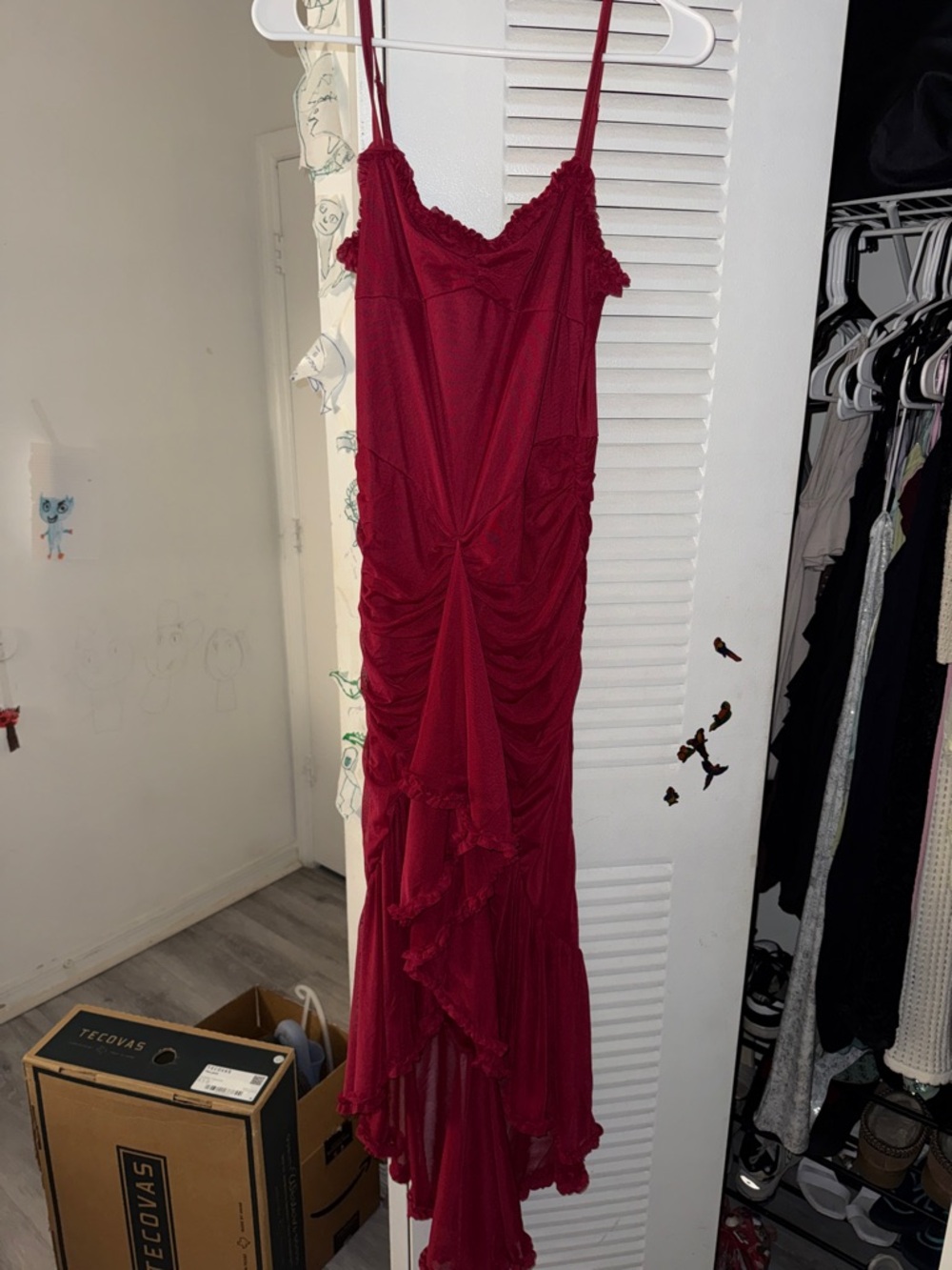Amazon Wine Red Ruffled High-Low Slip Dress